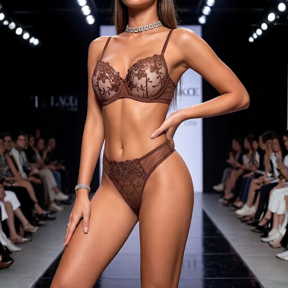 luxury women swimwear
designer bikini set online
fashionable beachwear women
two piece bikini set women
Brown Floral Embroidery Sheer Bikini Set