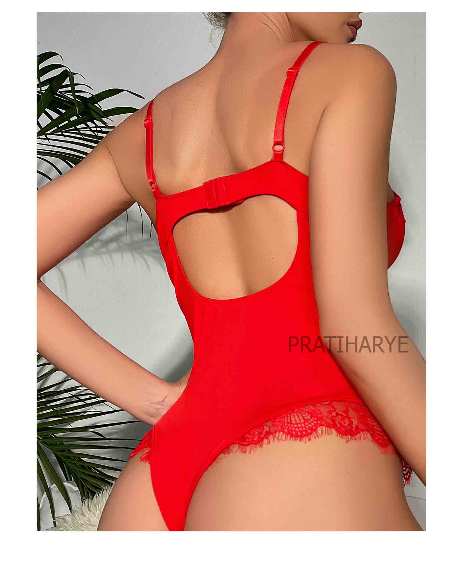 Solid Lace Neck Red Bodysuit