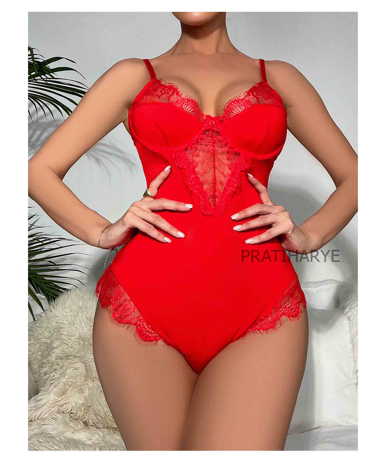 Solid Lace Neck Red Bodysuit