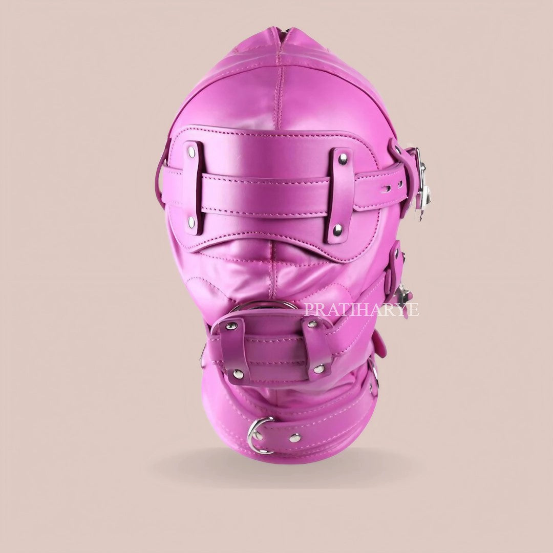 PU Leather Head Hood Blindfold Bondage with Dildo - Pink
