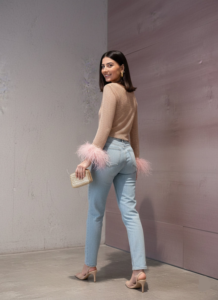 Premium Feather Cuff Sheer Mesh Top