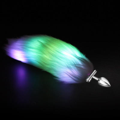LED Glowing Foldable Fox Tail with Steel Butt Plug Blue