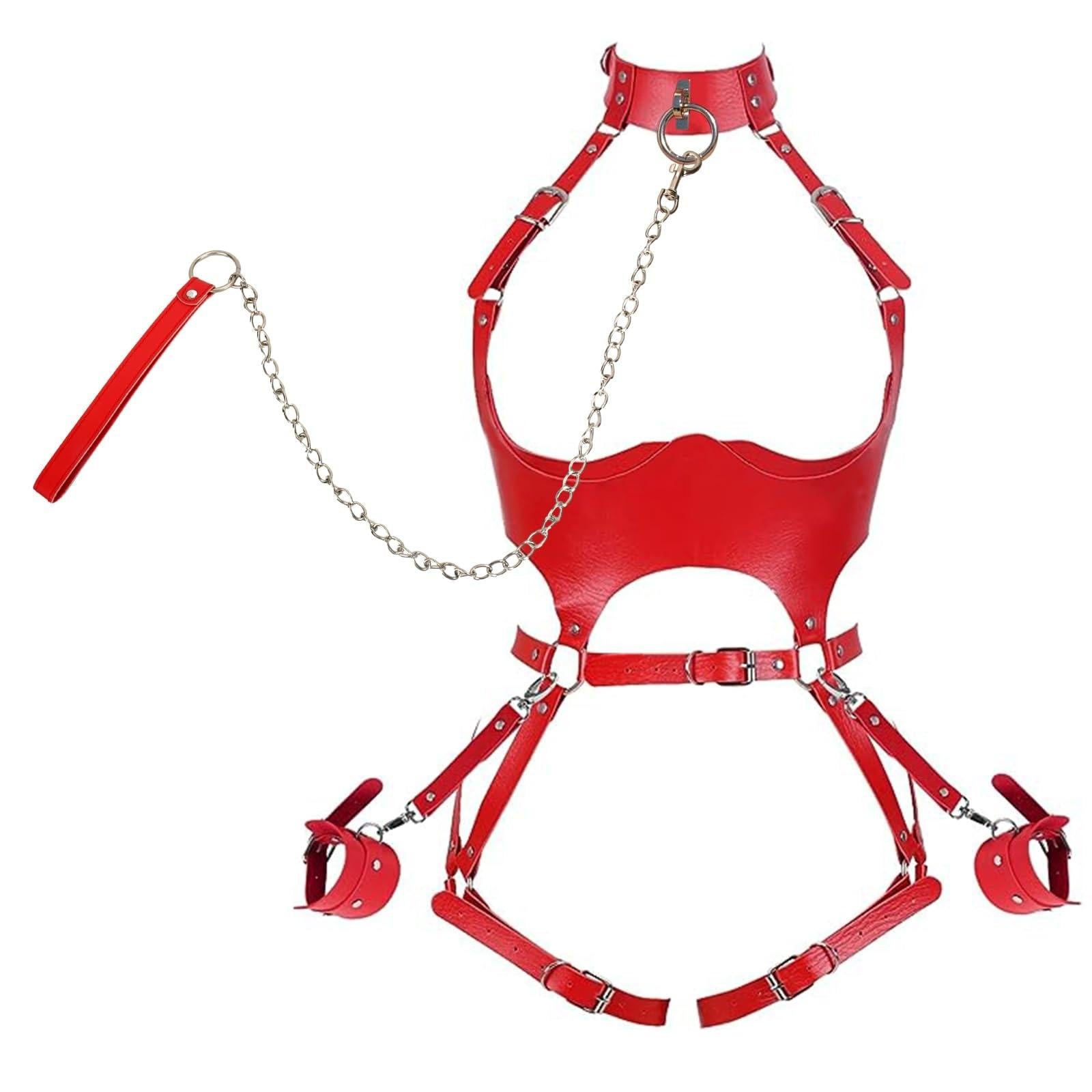 Red Leather Bondage Harness Set with Neck Choker & Handcuff