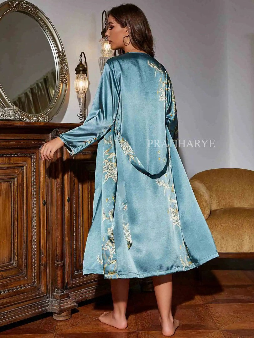 2pc Premium Satin Printed Nightwear Kimono Robe Set