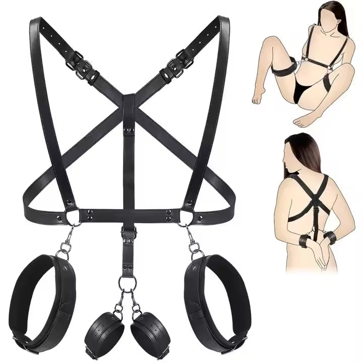 BDSM Harness with Handcuffs Ankle Cuff Front Back Bondage