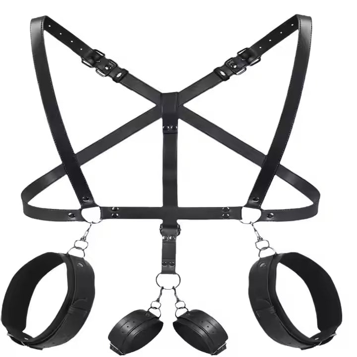 BDSM Harness with Handcuffs Ankle Cuff Front Back Bondage