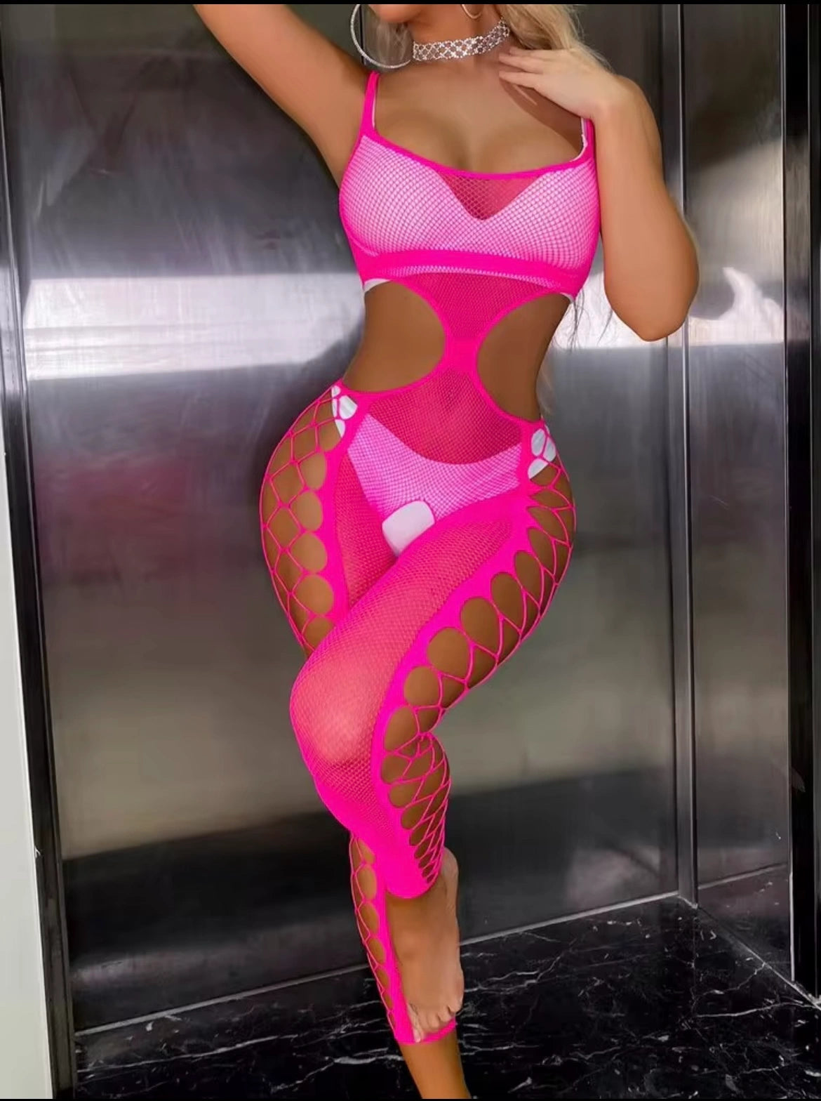 Open Crotch Hot Pink Fishnet Bodystocking