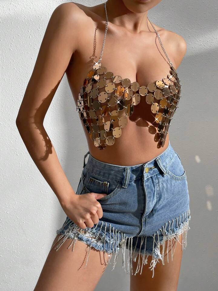 Heart Sequins Metallic Chain Top