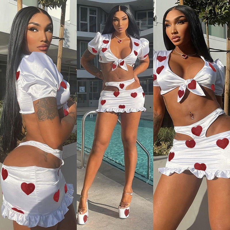 Puff Sleeve Sexy Bow Front Top with Skirt Attached Panty