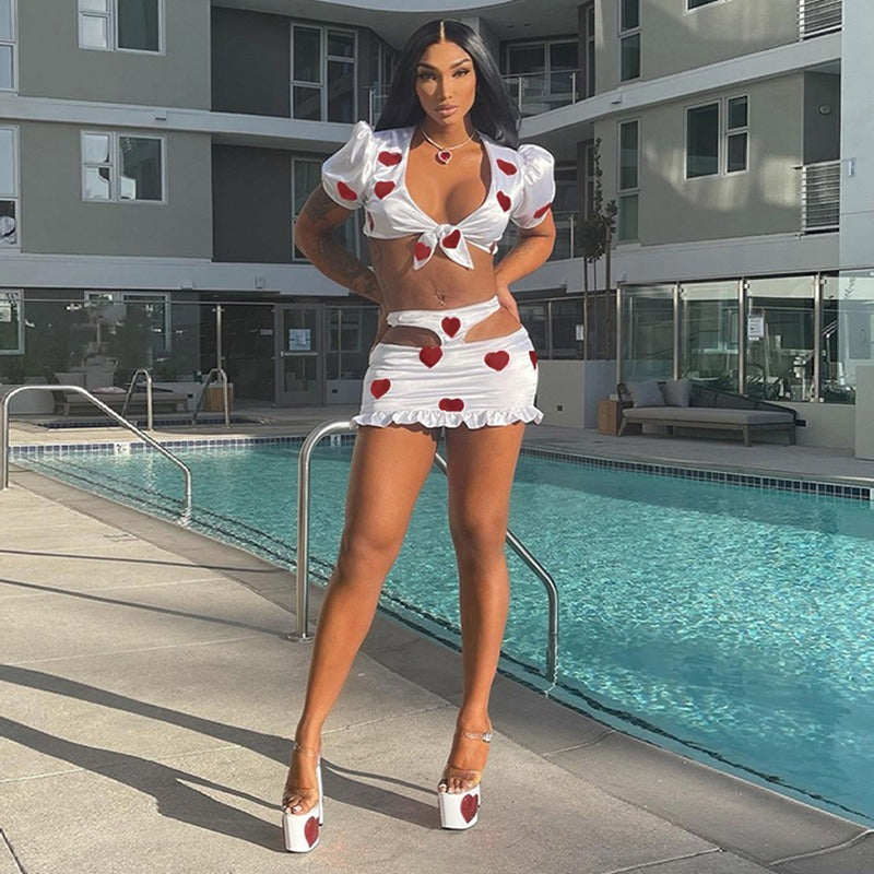 Puff Sleeve Sexy Bow Front Top with Skirt Attached Panty