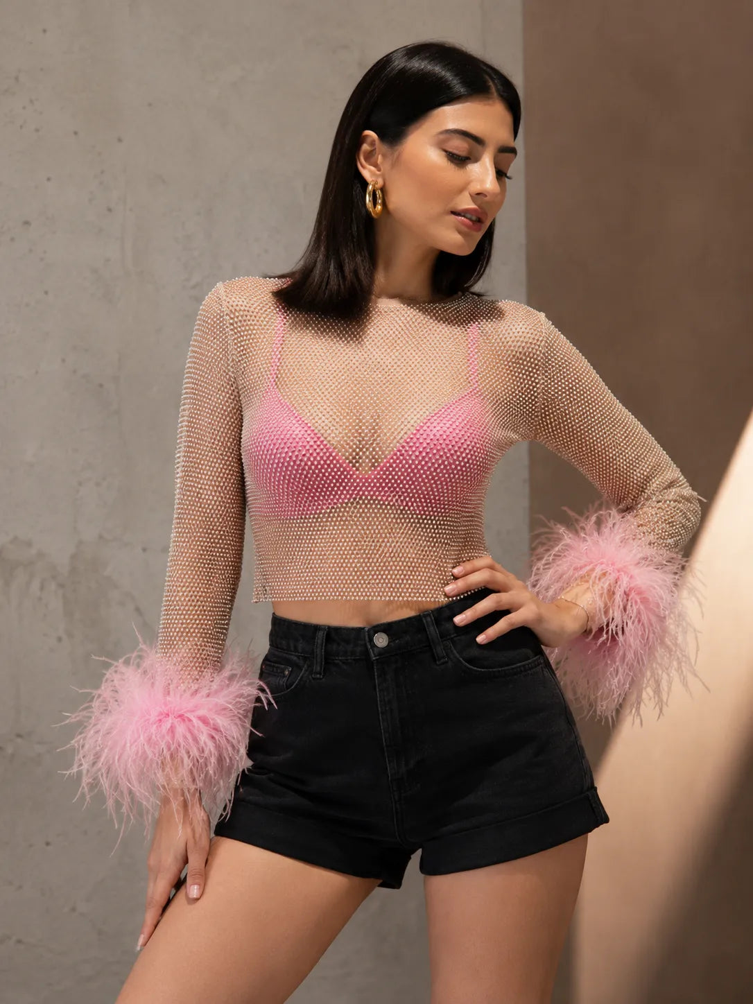 Premium Feather Cuff Sheer Mesh Top
