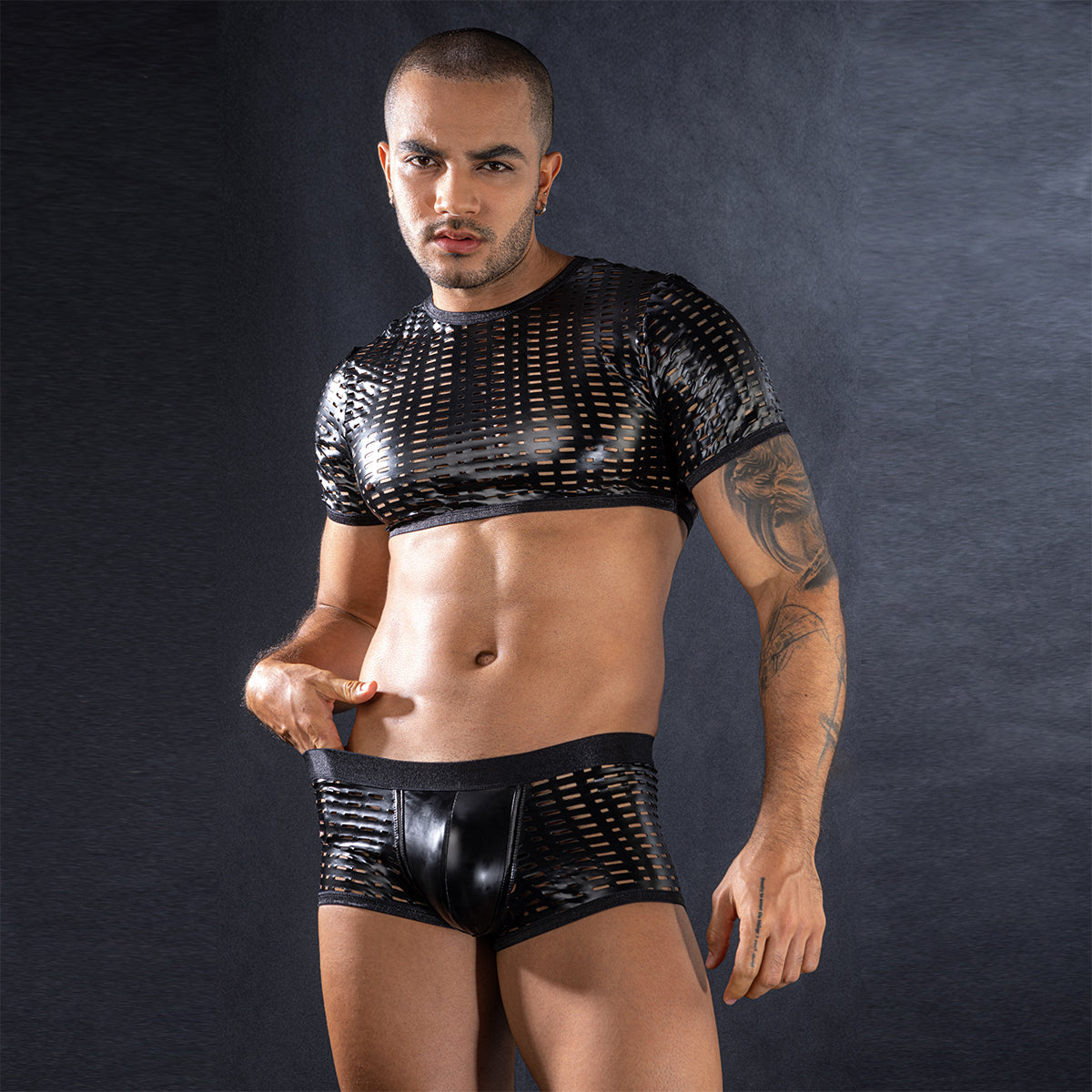 men party lingerie
men roleplay costume lingerie
premium erotic menswear india
luxury male lingerie india
Latex Men Hollow Out Mesh Set