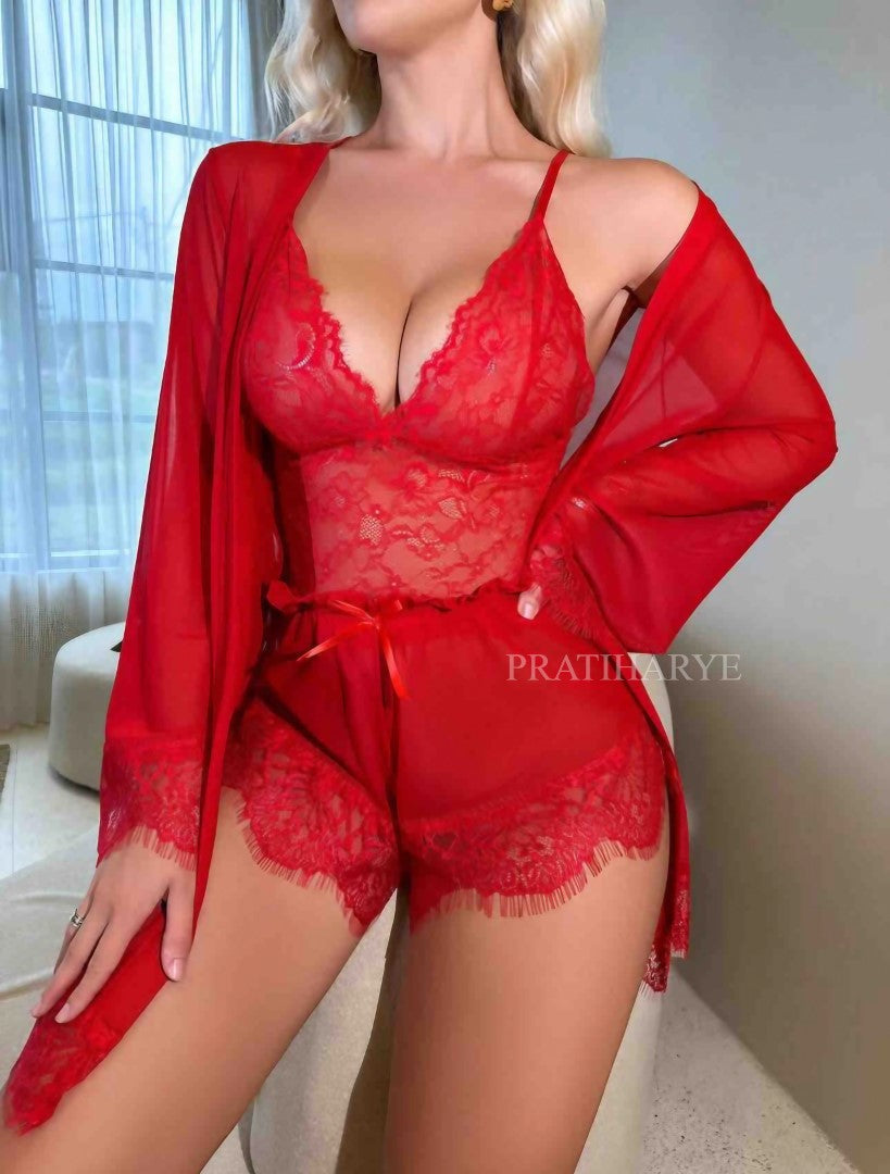 3Pc Sexy Lace Top Short Robe Set