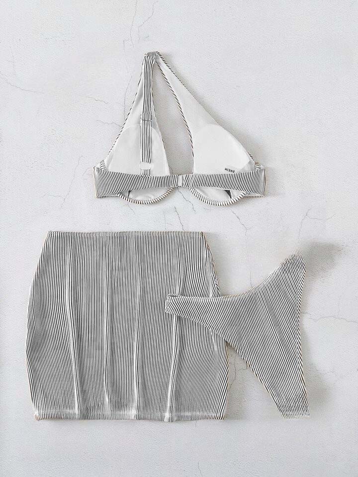 rib cut out swimsuit with beach skirt