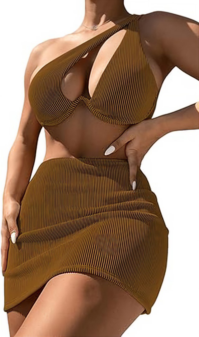 rib cut out swimsuit with beach skirt
