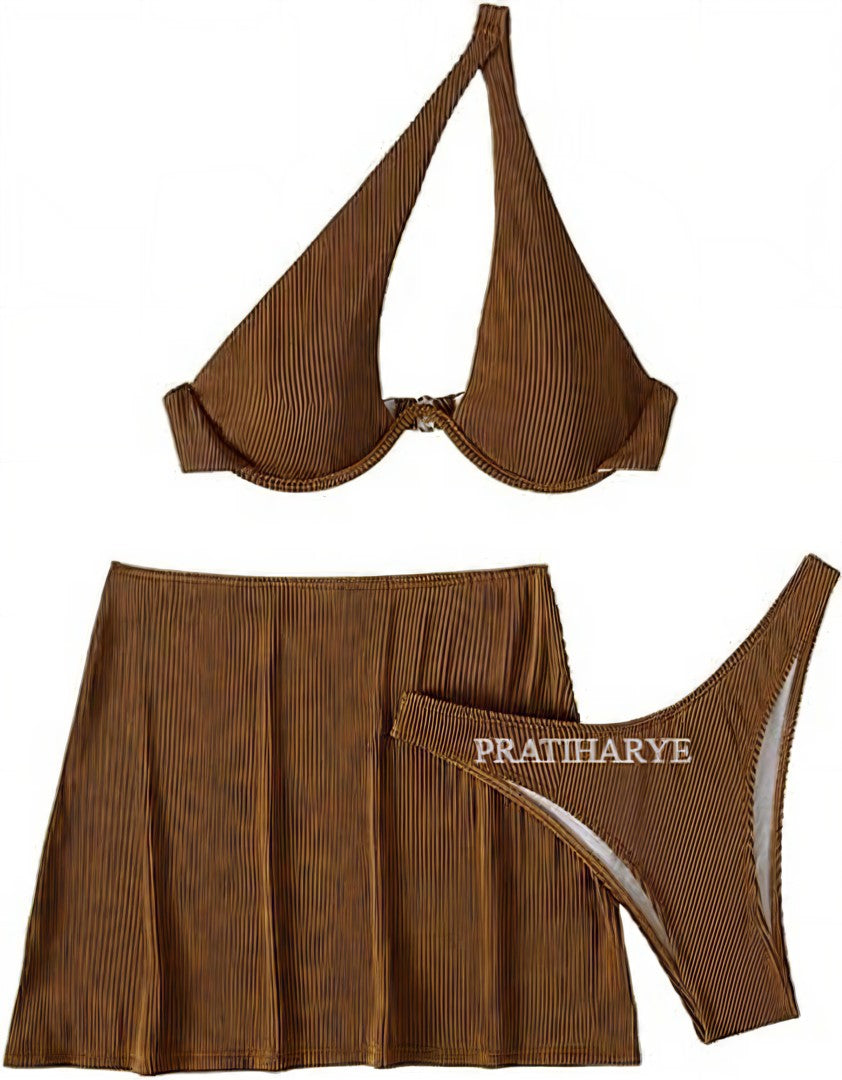 rib cut out swimsuit with beach skirt