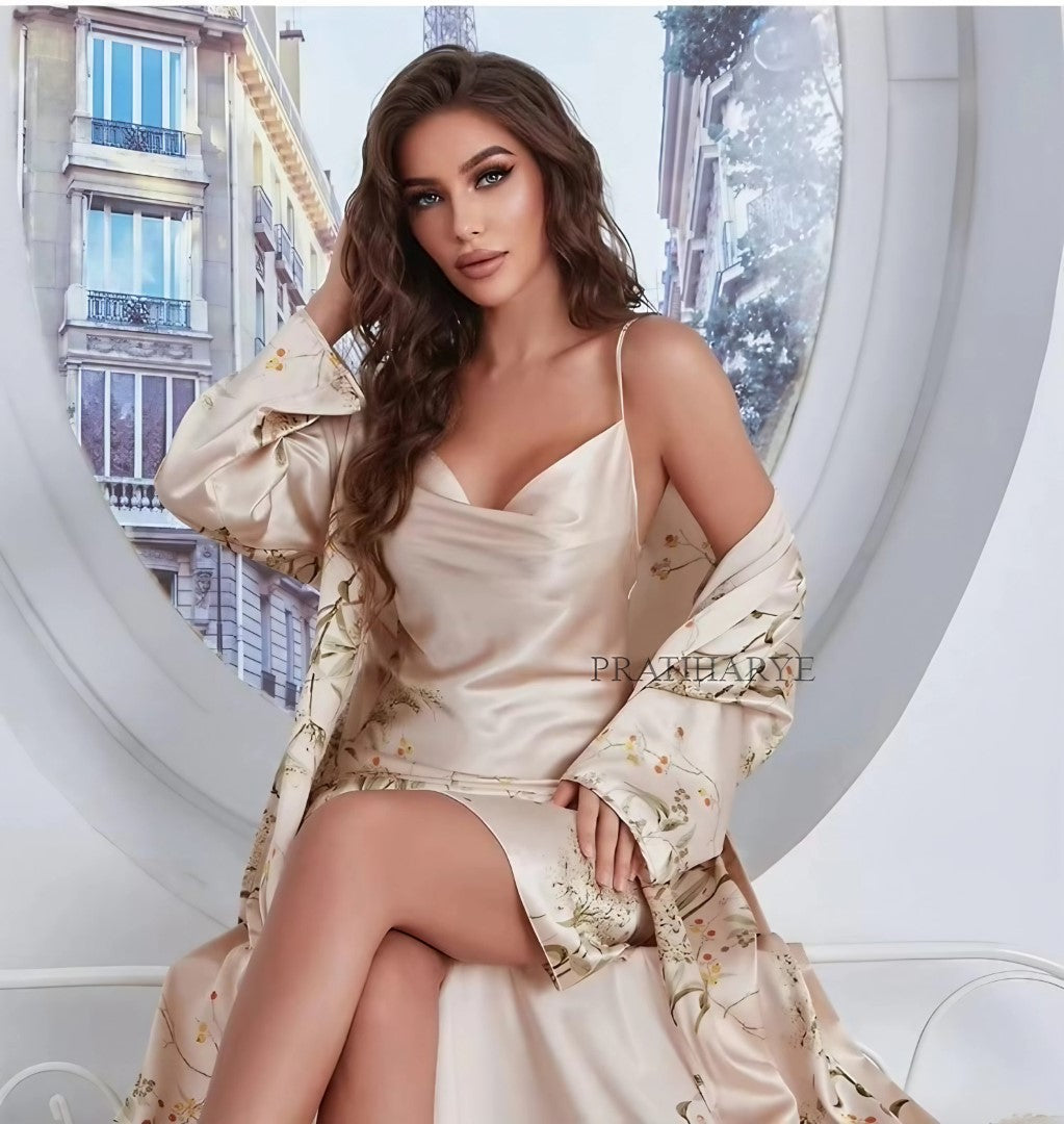 2pc Premium Satin Printed Nightwear Kimono Robe Set