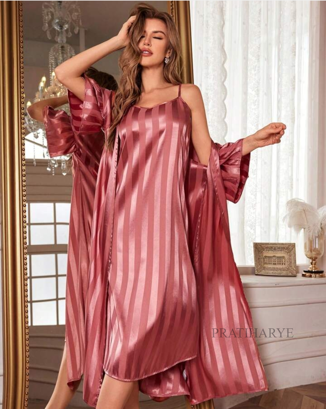 Premium 2pc Strappy Satin Long Nightwear Robe Set