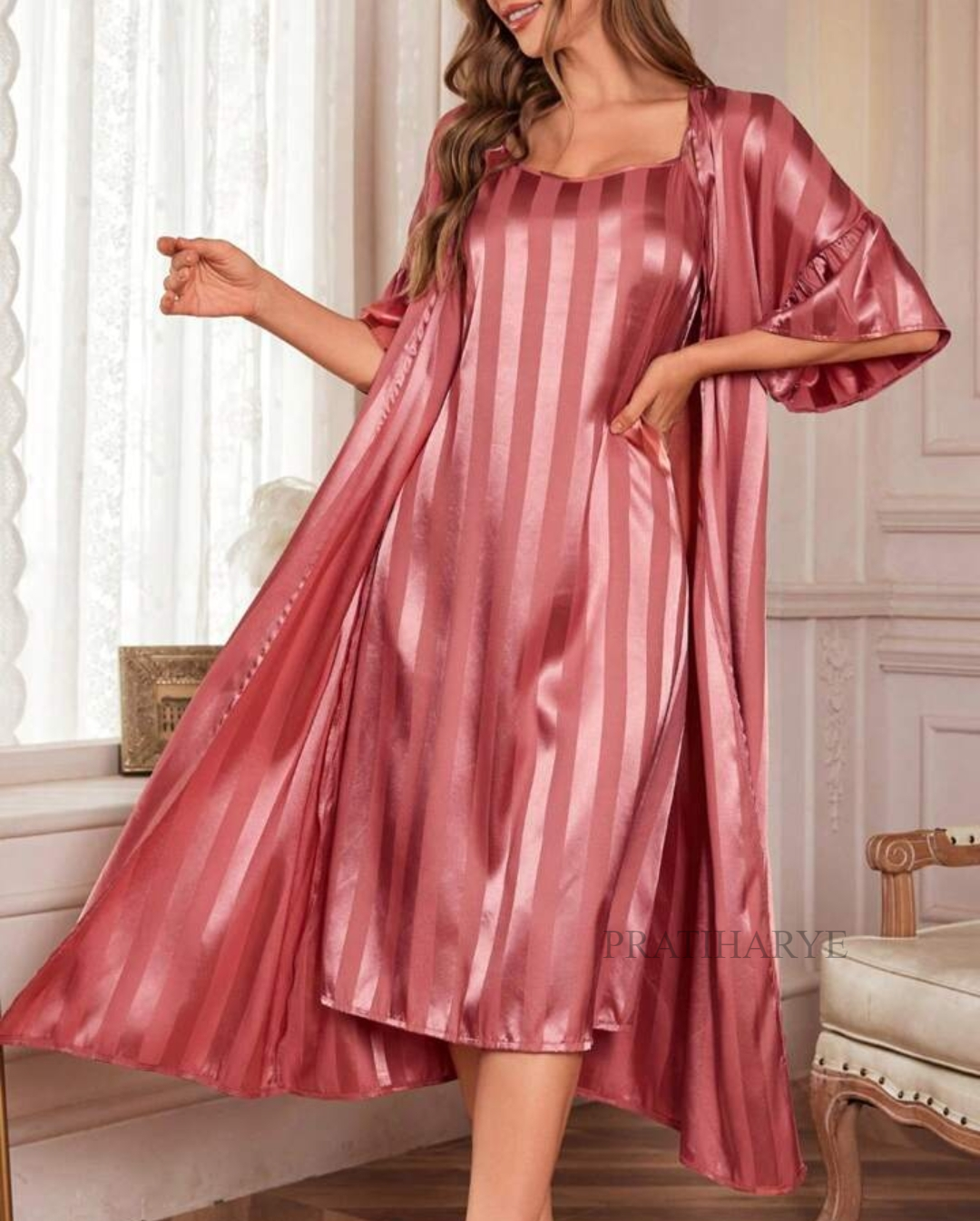 Premium 2pc Strappy Satin Long Nightwear Robe Set