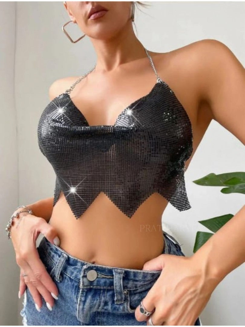 women body chain fashion
luxury chain bodywear
stylish body fit accessories
designer chain outfits women
Sequin Sparkle Cowl Neck Top/Bra