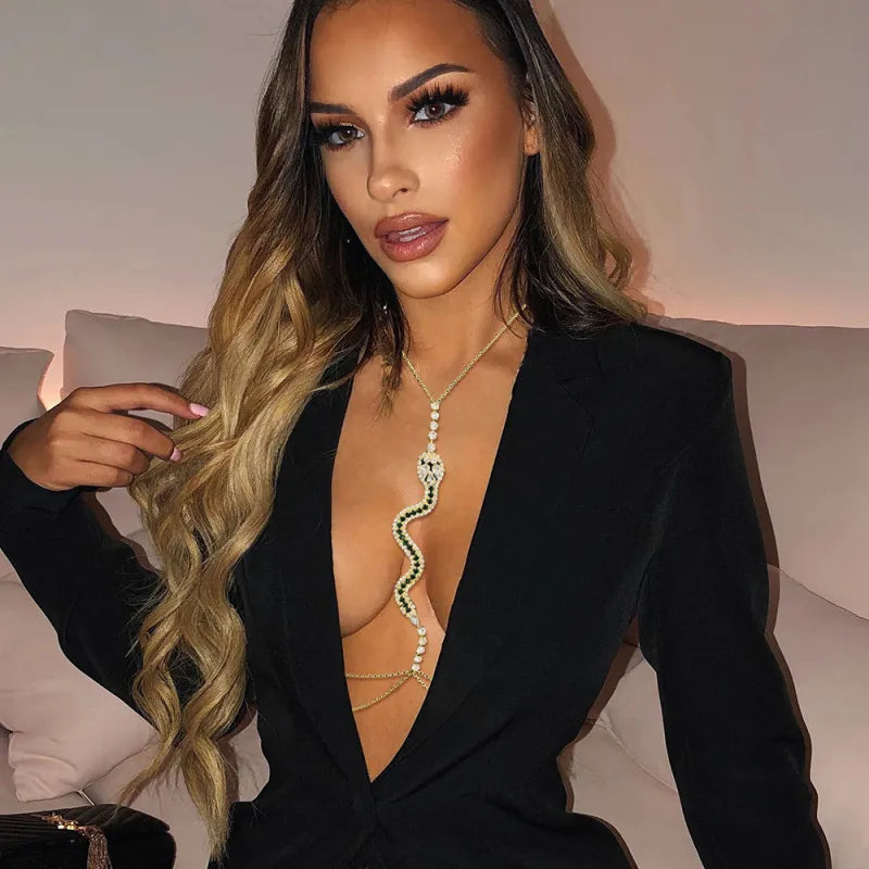 luxury chain bodywear
stylish body fit accessories
designer chain outfits women
metallic body chain women
Snake Rhinestone Elegant Breast Chain