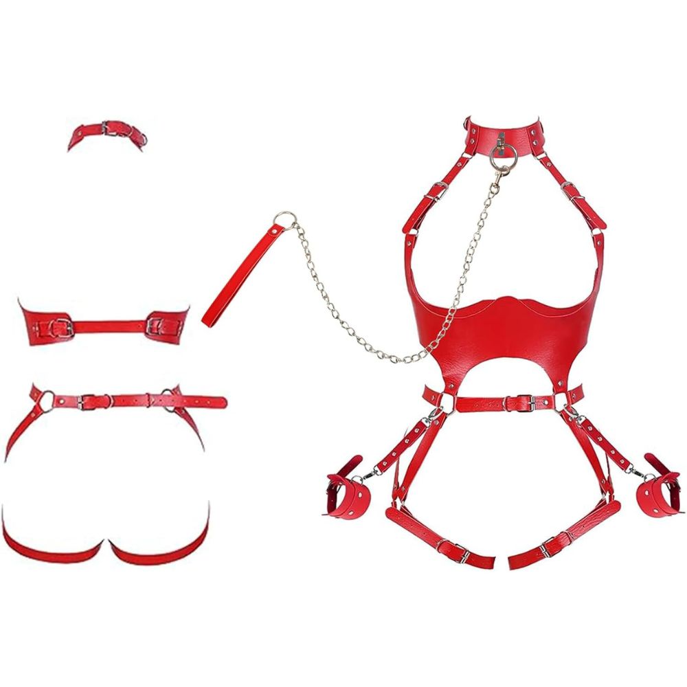 Red Leather Bondage Harness Set with Neck Choker & Handcuff