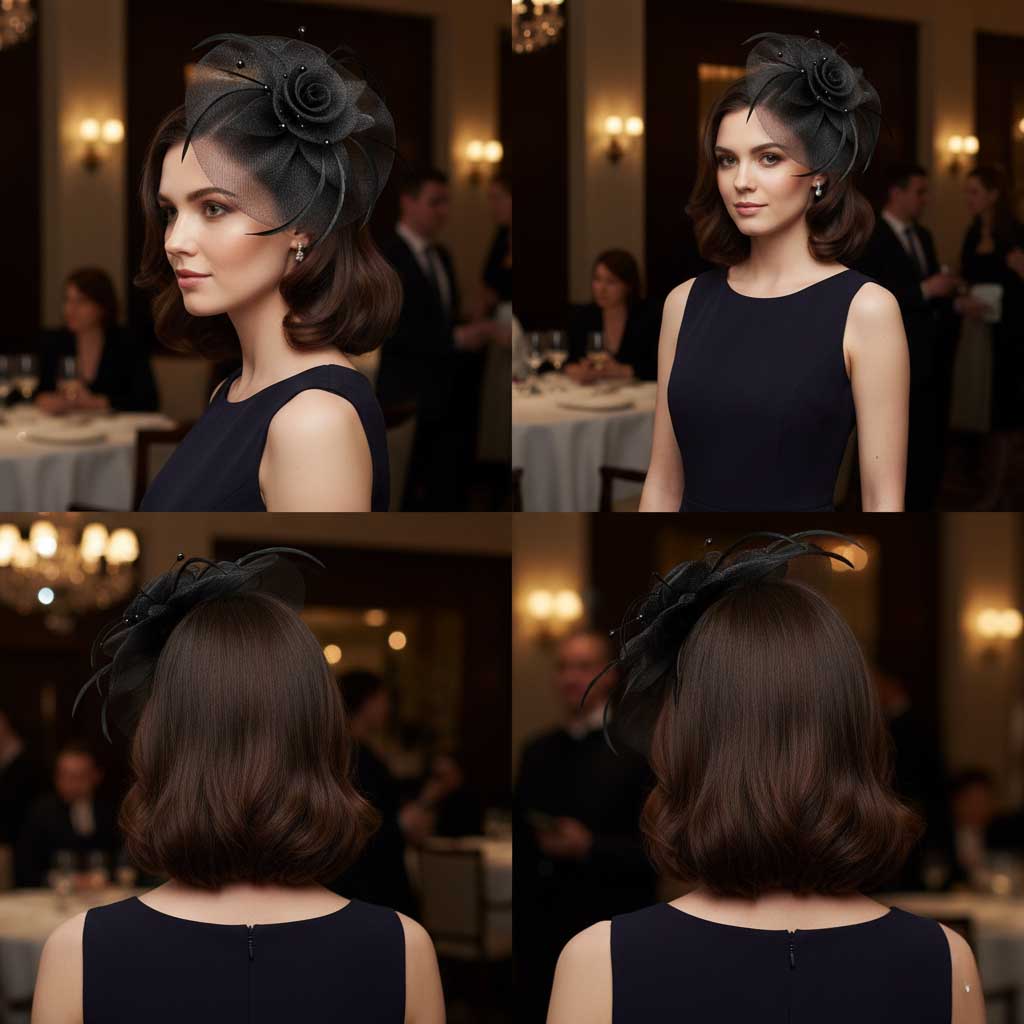 Elegant Black Net Pearl Fascinators Hat with Hairband