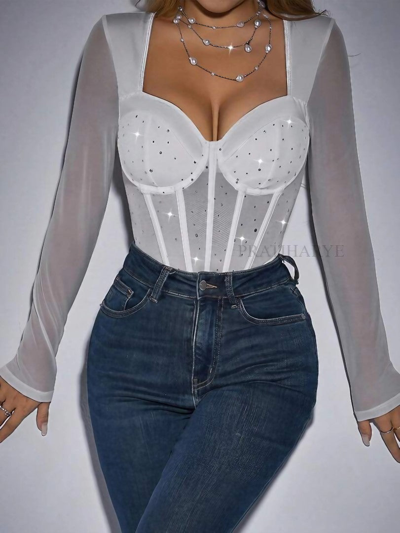 Rhinestone Sweetheart Neck Bodysuit