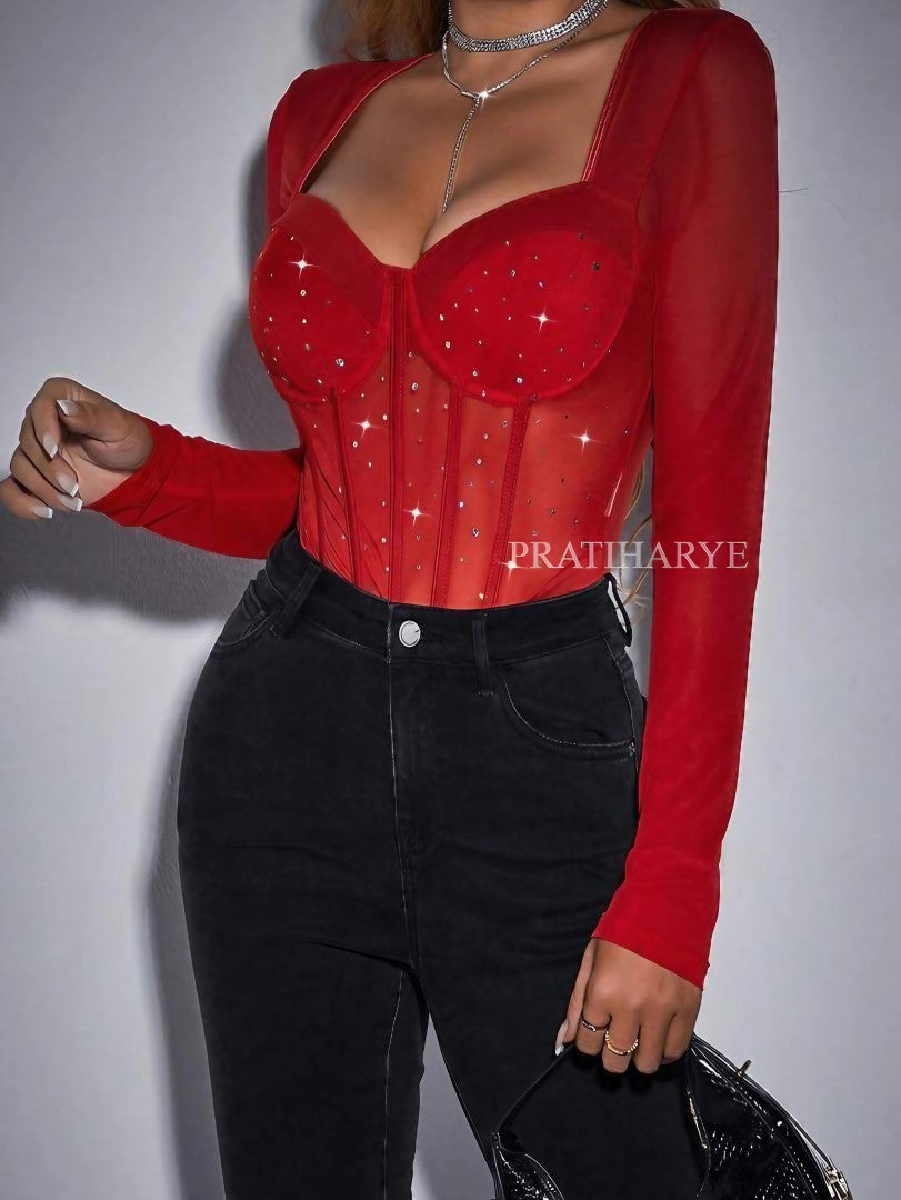 Rhinestone Sweetheart Neck Bodysuit