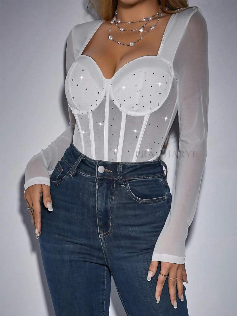 Rhinestone Sweetheart Neck Bodysuit