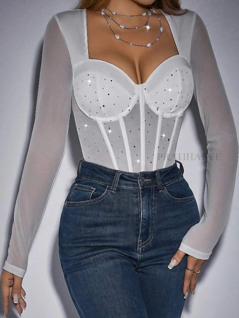 Rhinestone Sweetheart Neck Bodysuit