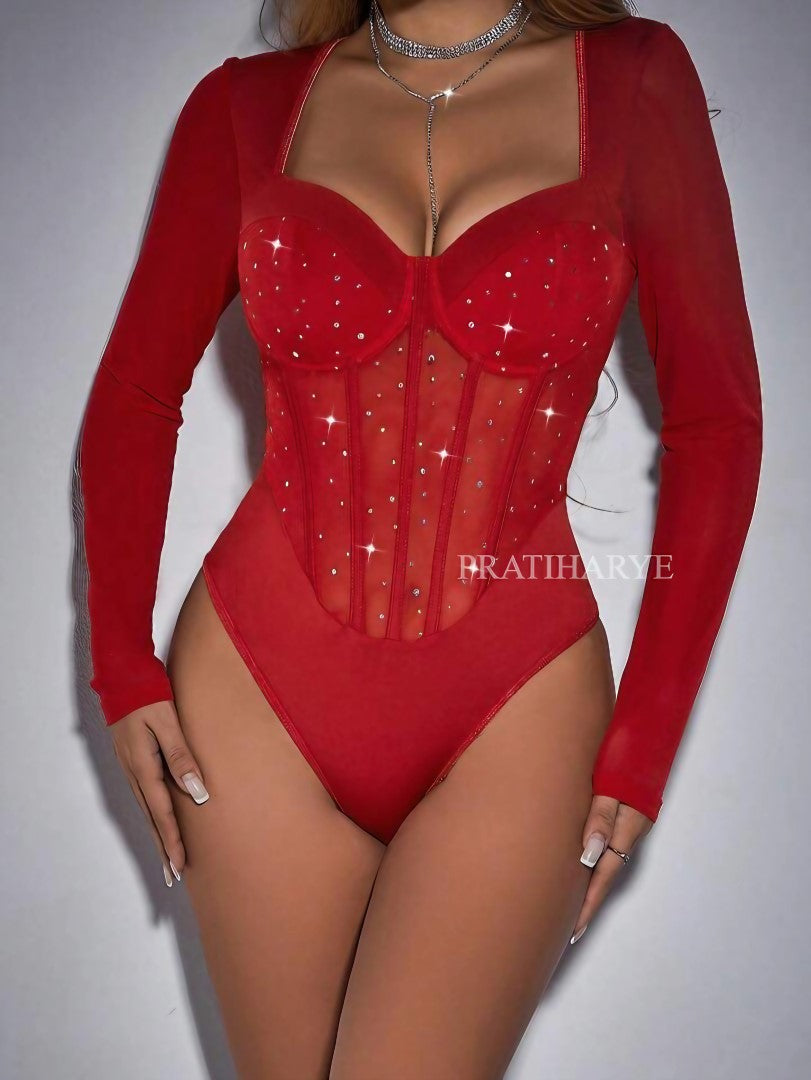 Rhinestone Sweetheart Neck Bodysuit