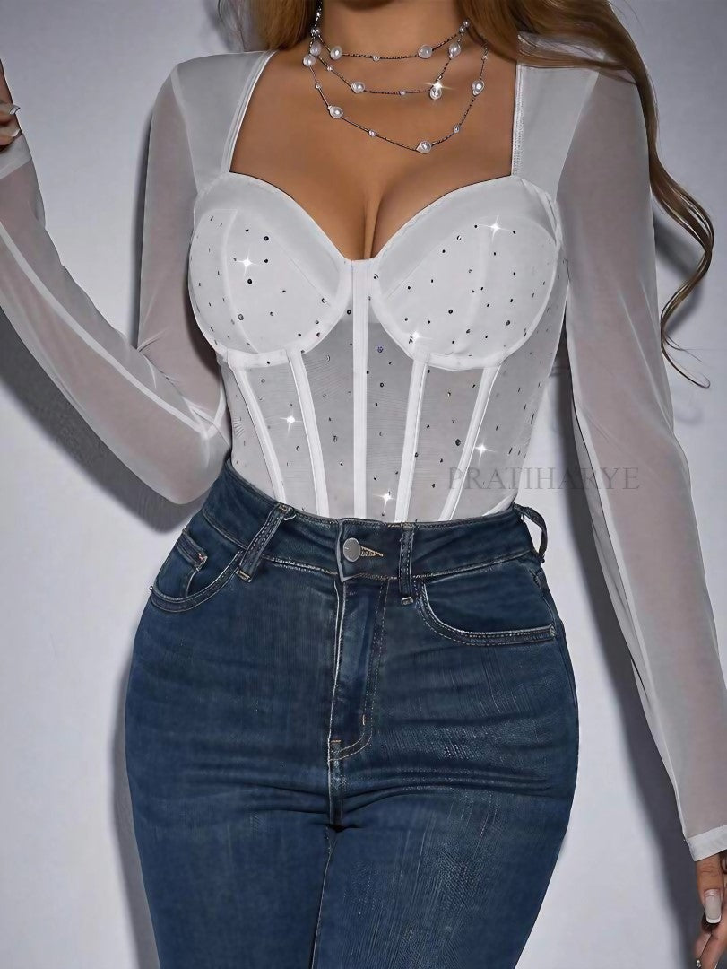Rhinestone Sweetheart Neck Bodysuit
