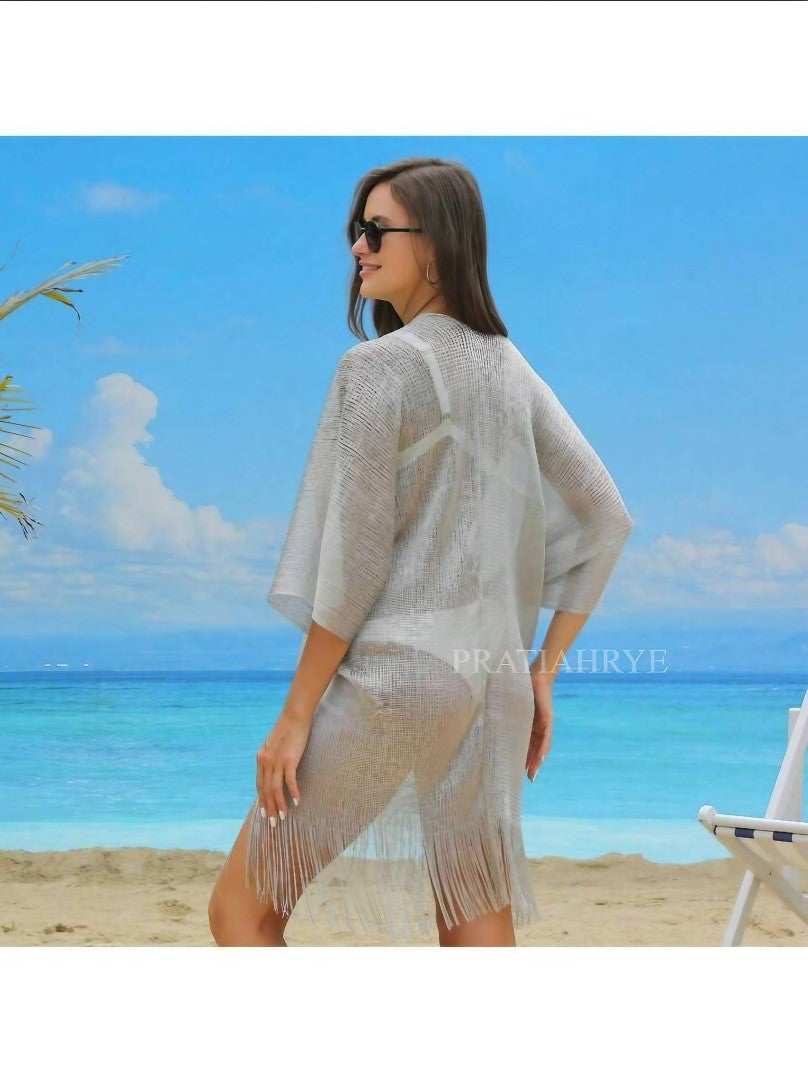 Metallic Fringed Beach Coverup