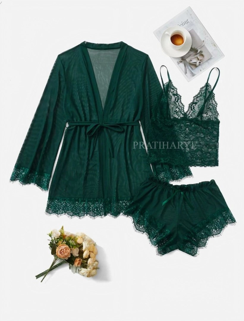 3Pc Sexy Lace Top Short Robe Set