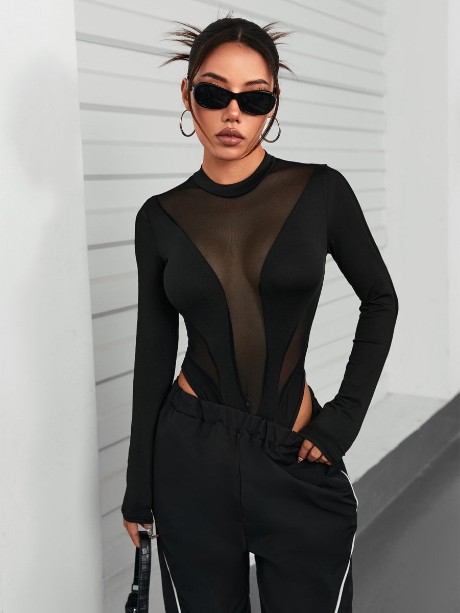 Round Neck Semi-Sheer Bodysuit