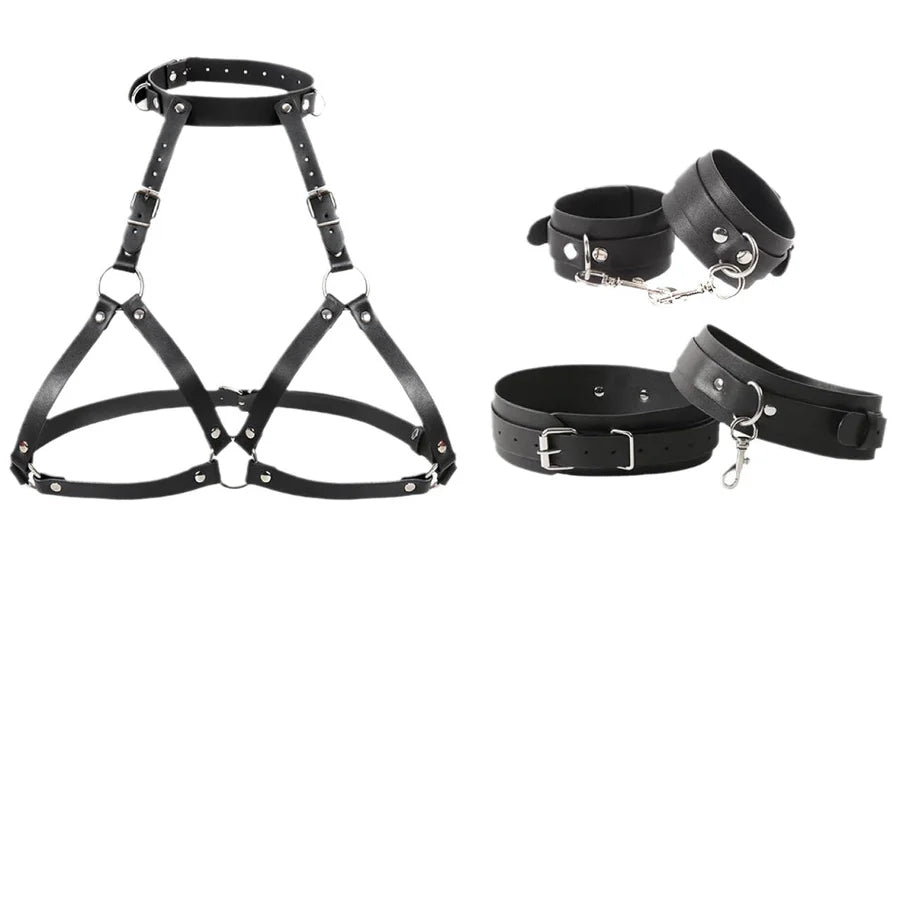 Leather Chest Harness Restraint with Cuff Set