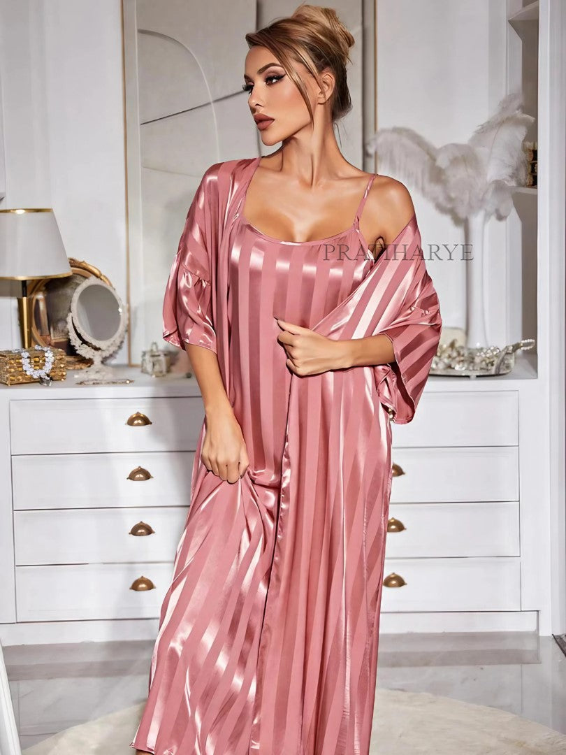 Premium 2pc Strappy Satin Long Nightwear Robe Set