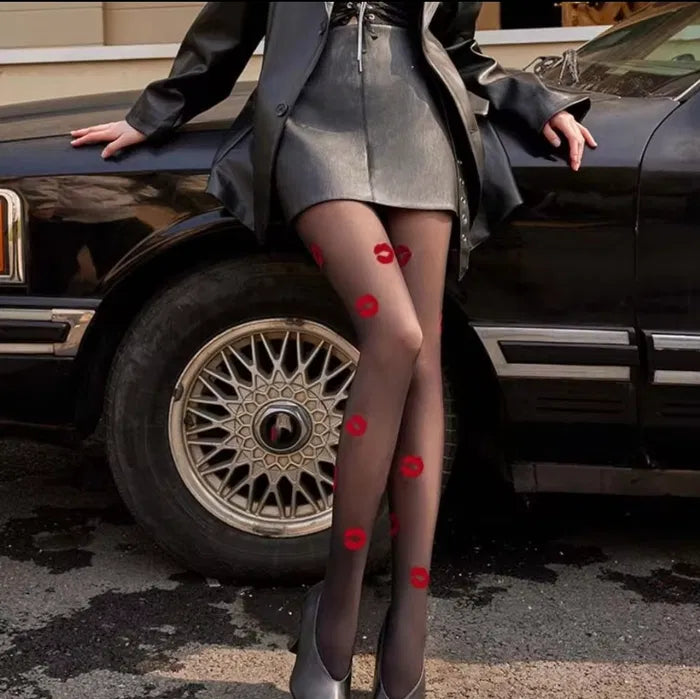 Seductive Sheer Kiss Print Pantyhose