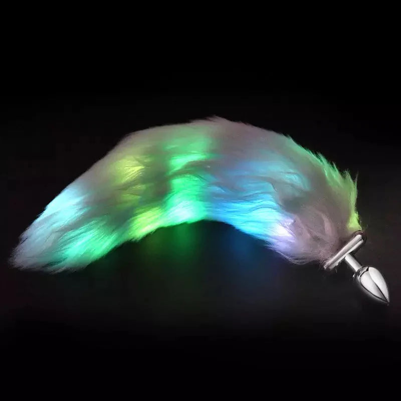 LED Glowing Foldable Fox Tail with Steel Butt Plug Blue