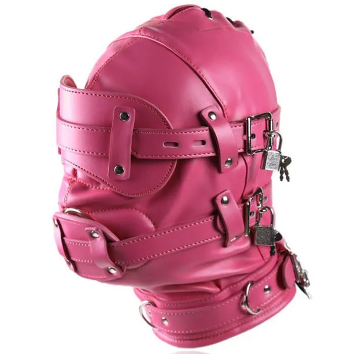 PU Leather Head Hood Blindfold Bondage with Dildo - Pink