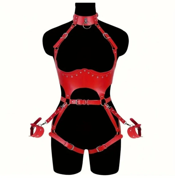 Red Leather Bondage Harness Set with Neck Choker & Handcuff