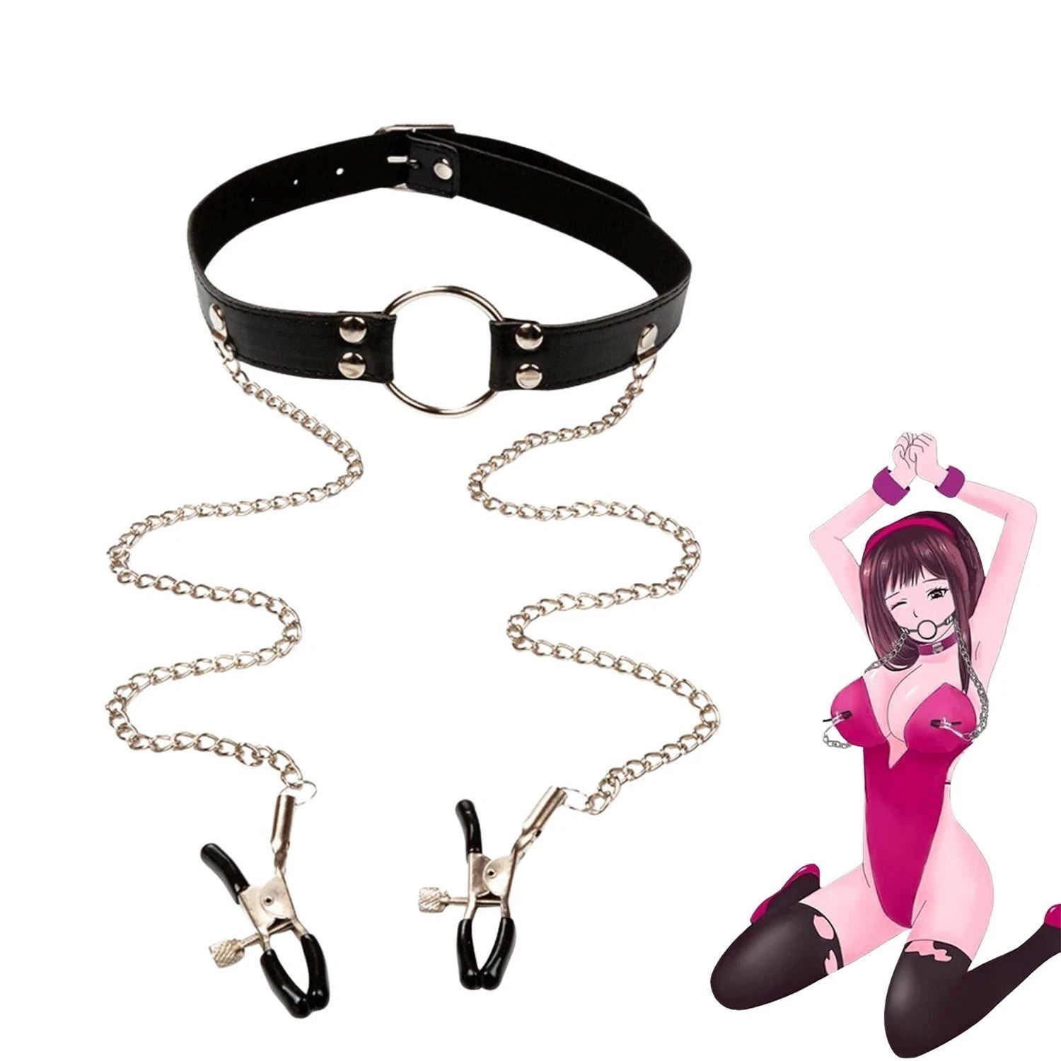 Metal Ring Leather Gag with Nipple Clamps