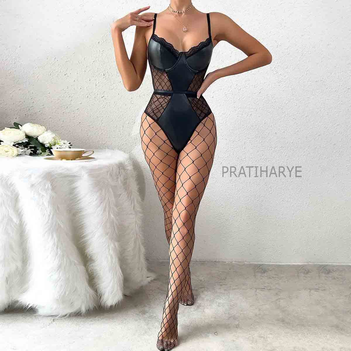 Lace Pu Leather Bodysuit