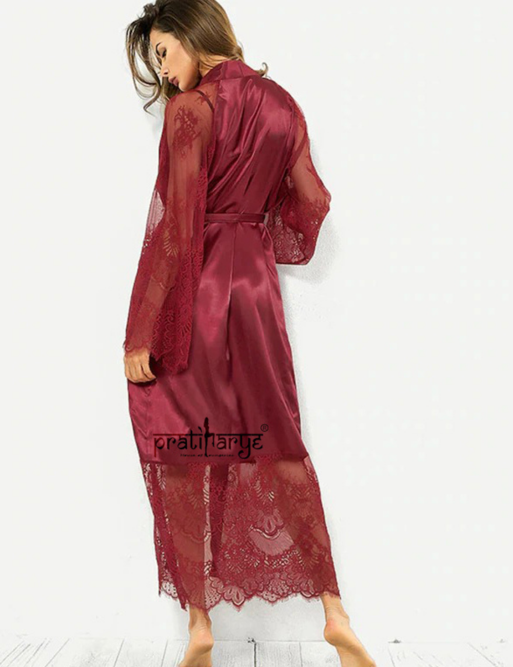 Premium Eye Lace Long Satin Robe