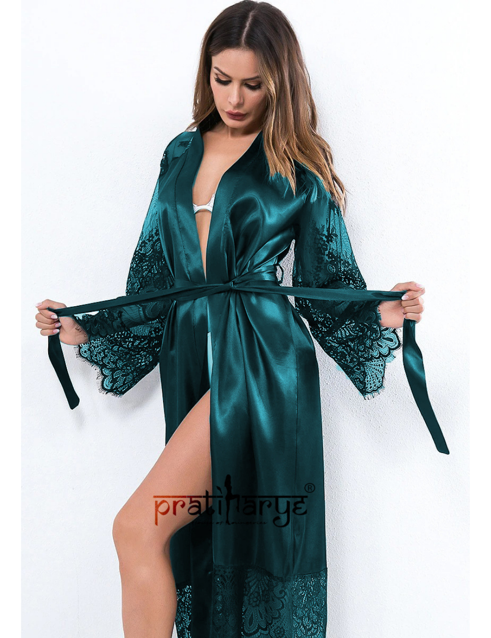 Premium Eye Lace Long Satin Robe