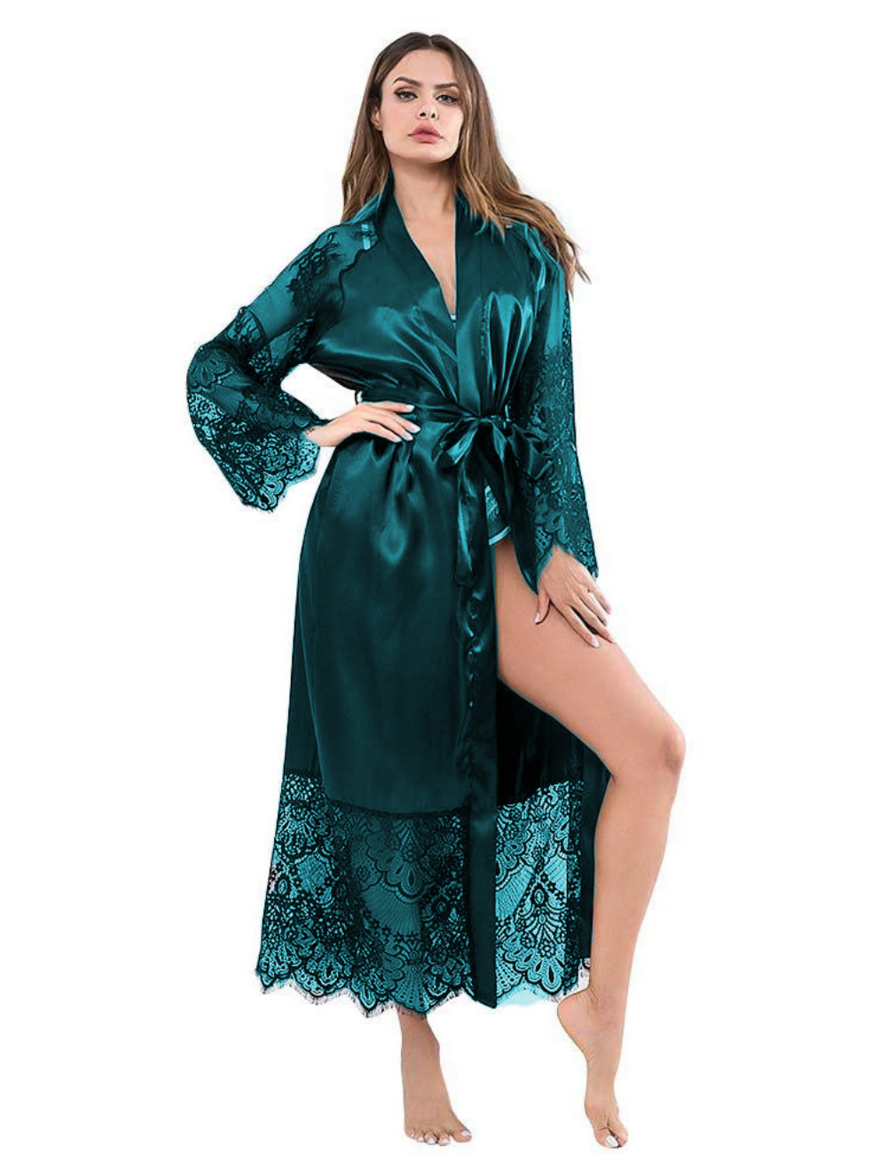 Premium Eye Lace Long Satin Robe