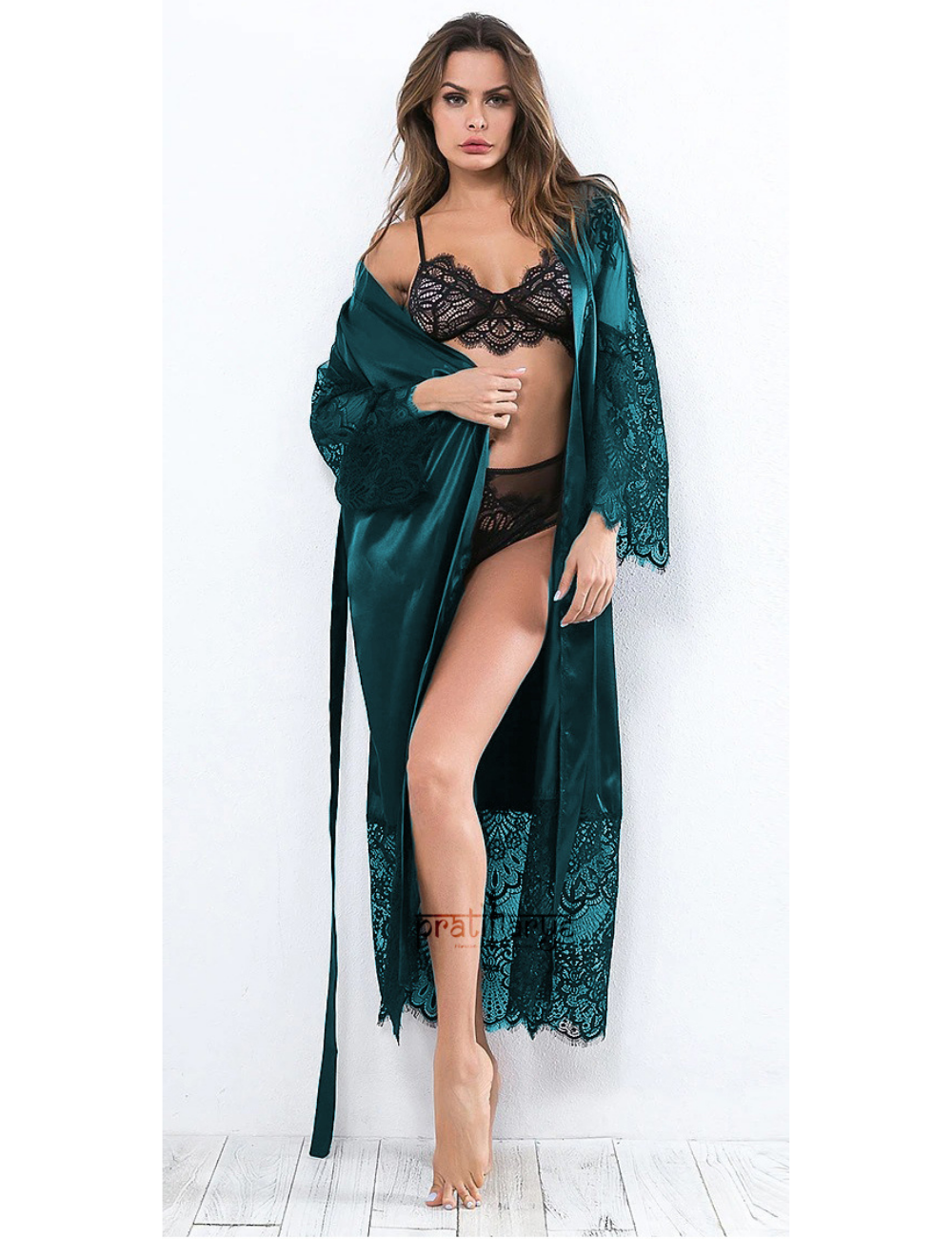 Premium Eye Lace Long Satin Robe