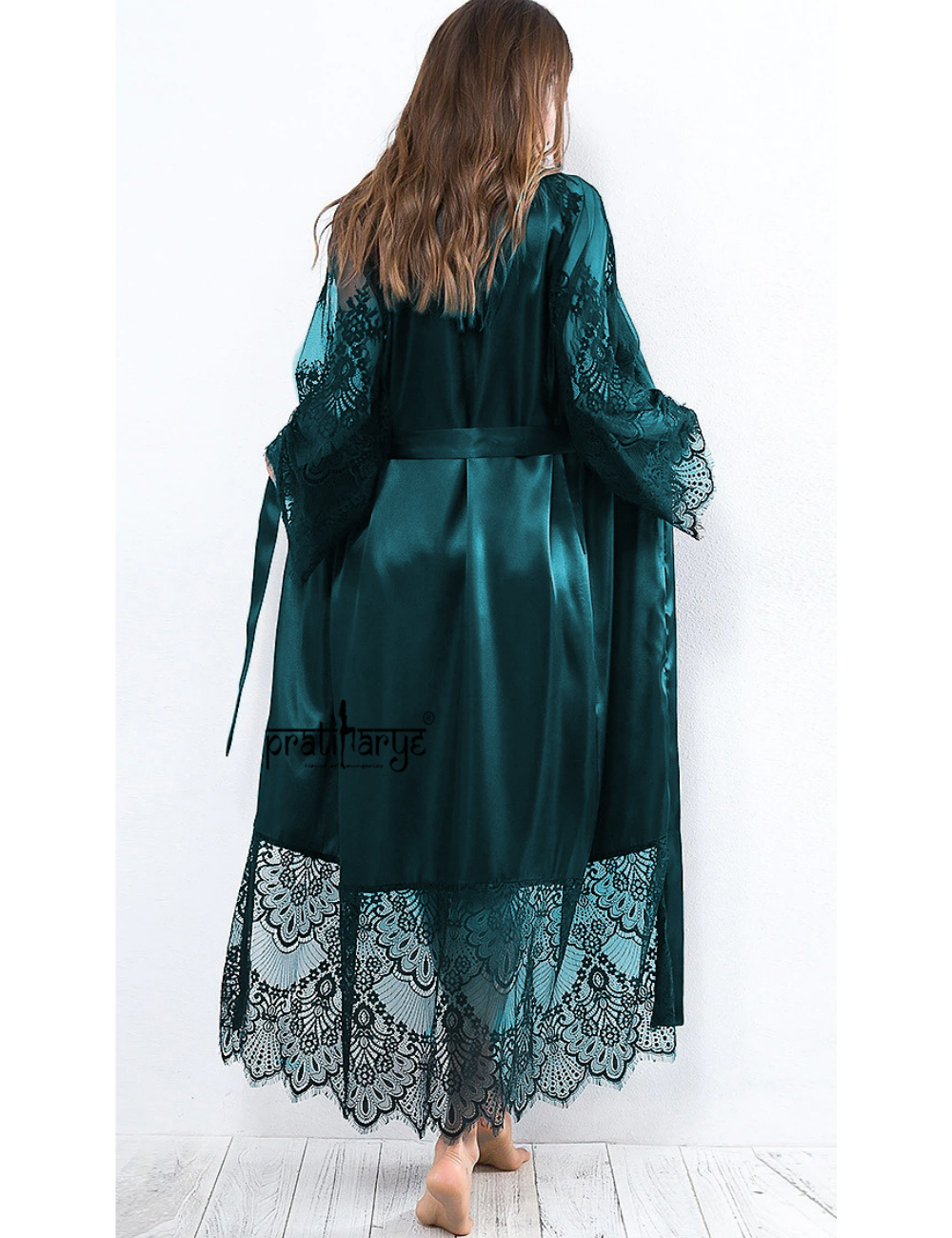 Premium Eye Lace Long Satin Robe