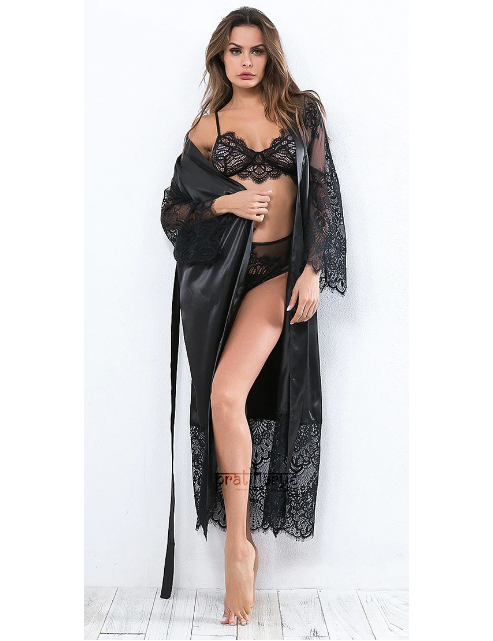 Premium Eye Lace Long Satin Robe